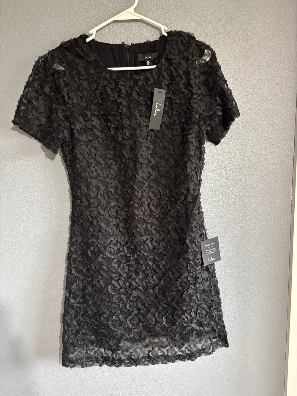 Lulu's Black Short-Sleeve Textured Mini Dress